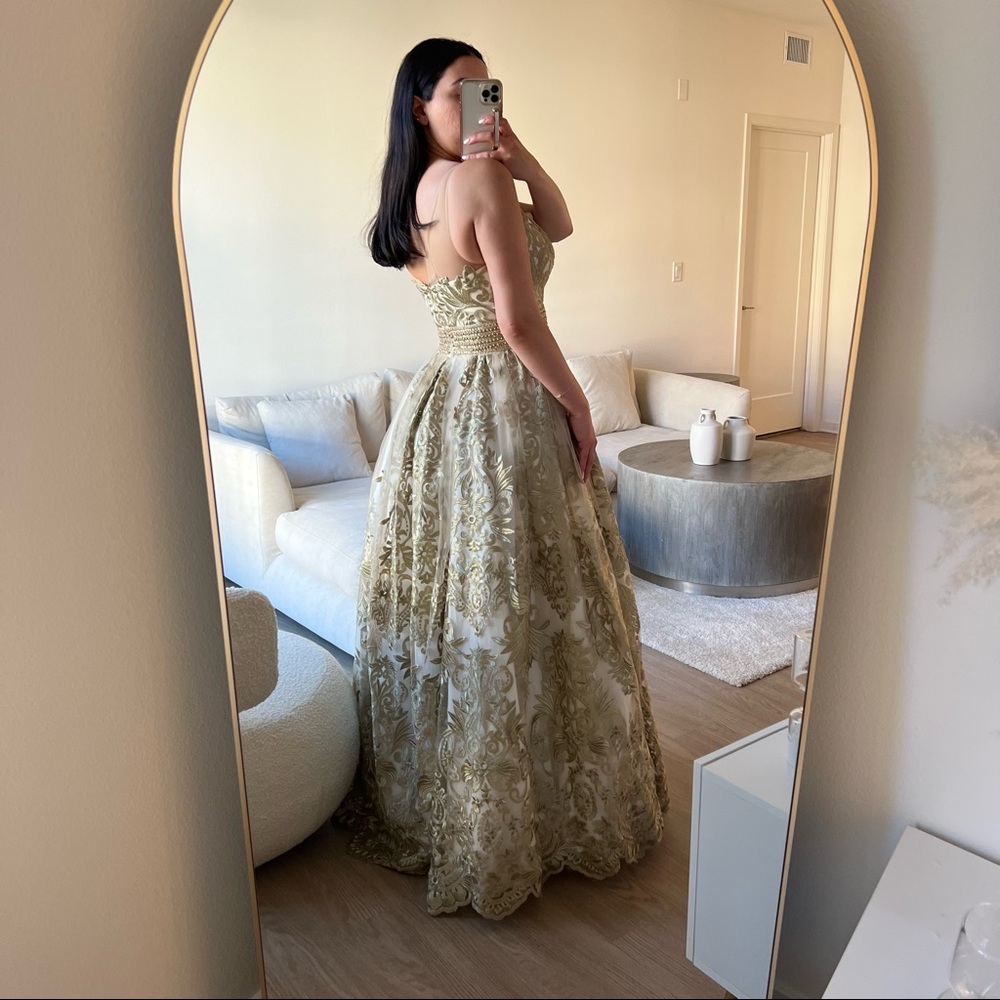 Gold Embroidered Tulle Evening Gown Dress - Picture 6 of 9